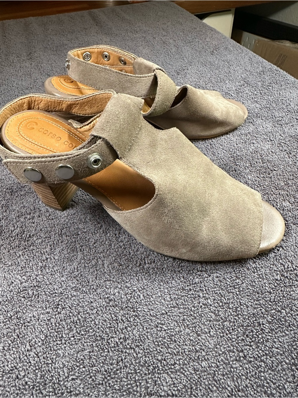 Corso Como Vlade Taupe Suede Studded Peep Toe Block Heel Sandals